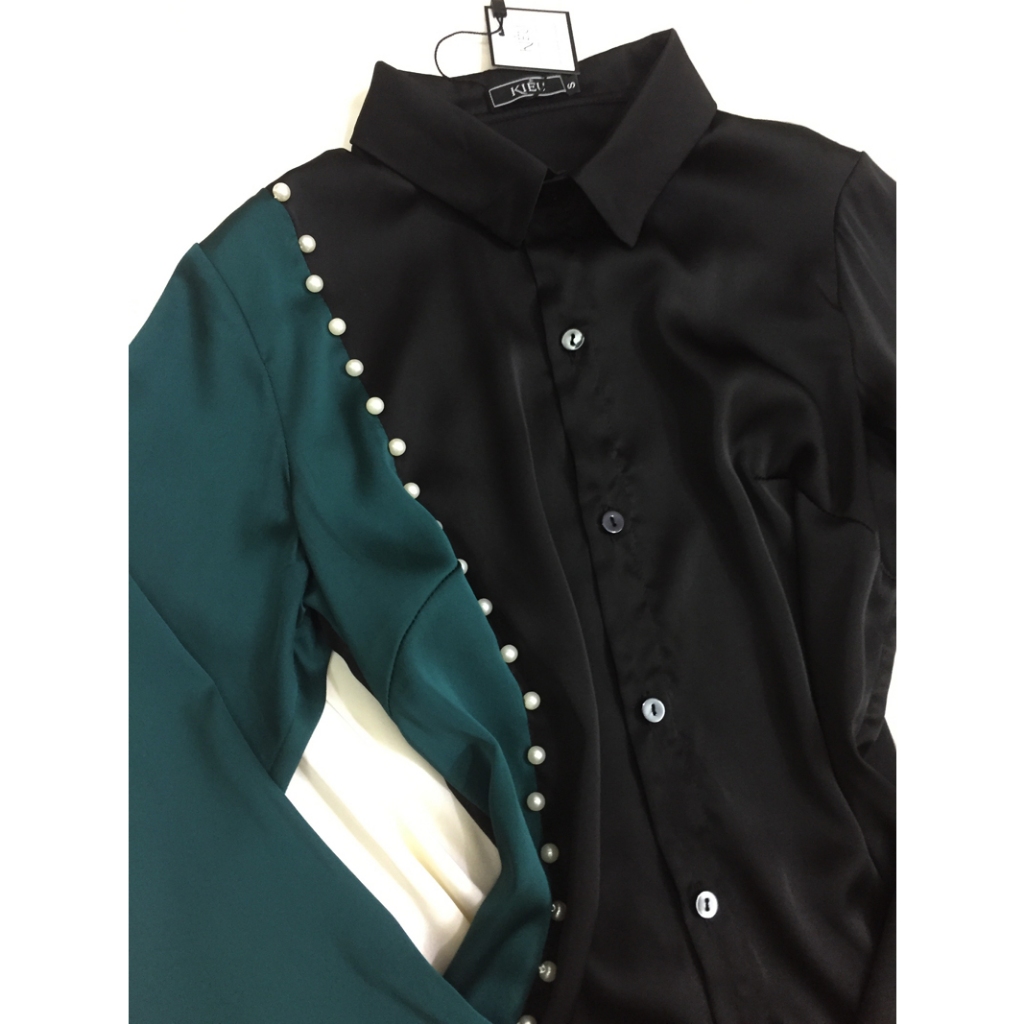 Áo sơ mi nữ màu xanh pha trắng💖Vải lụa💖áo nữ kiểu dài tay đính hạt