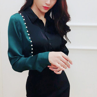 Áo sơ mi nữ màu xanh pha trắng💖Vải lụa💖áo nữ kiểu dài tay đính hạt