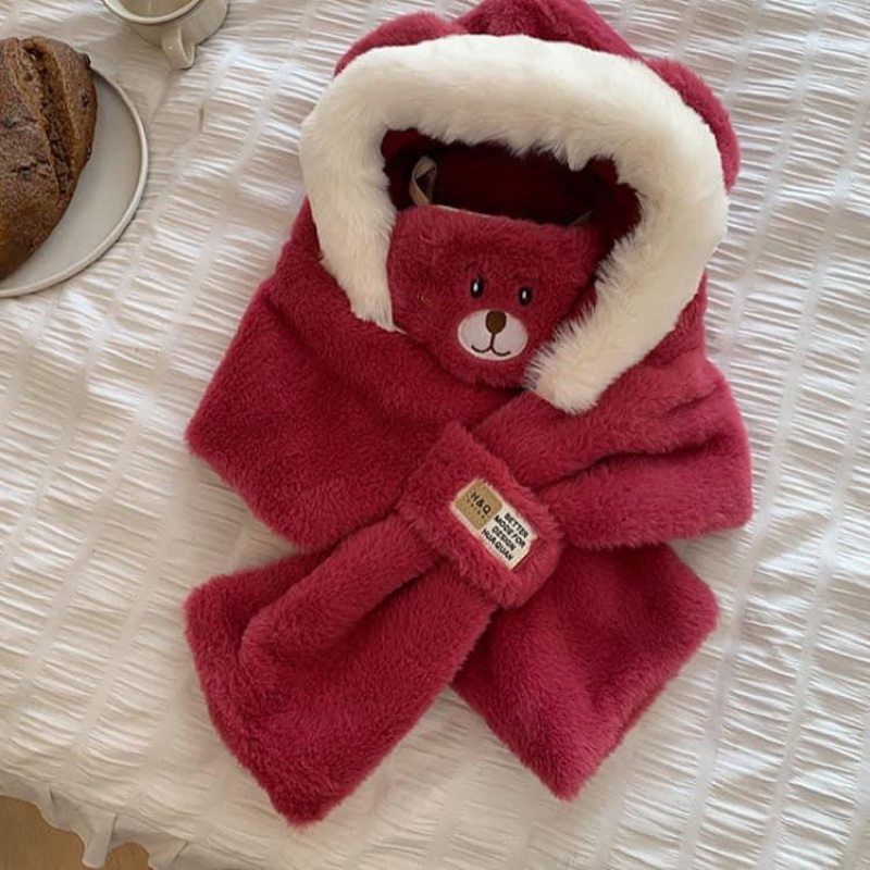 Set Mũ Len+ Khăn + Khẩu Trang Lông Thỏ Tai Gấu Siêu Dễ Thương