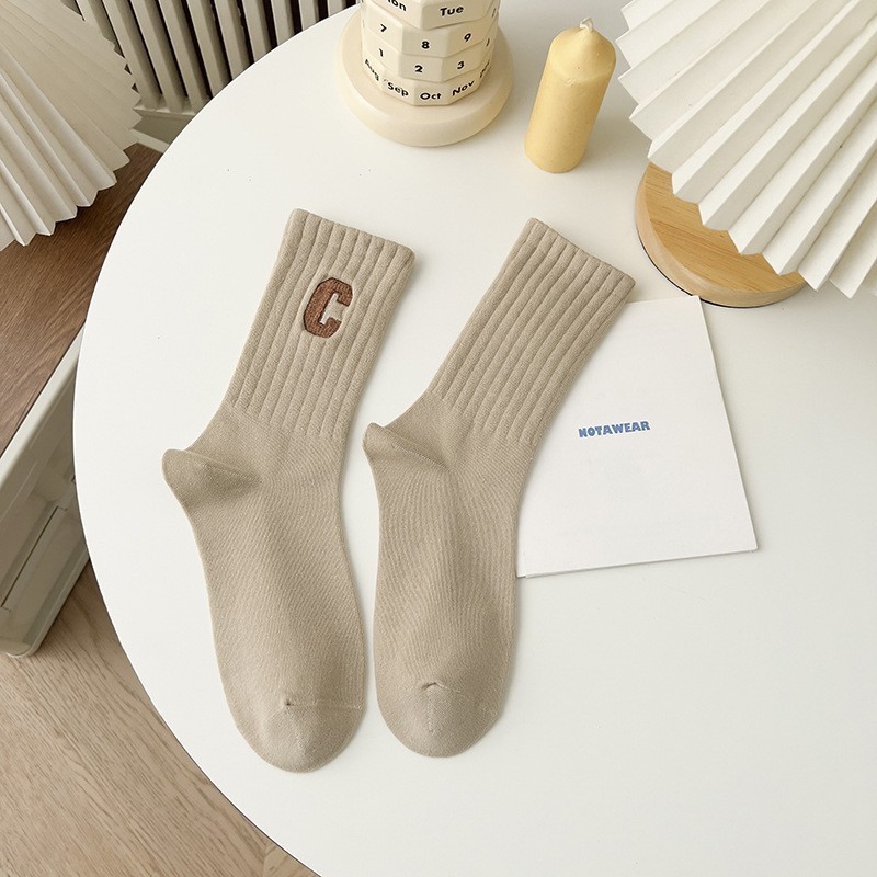 Tất cổ cao Vớ cổ cao nữ họa tiết chữ C chất cotton gân tăm thoáng khí nhiều màu dễ thương