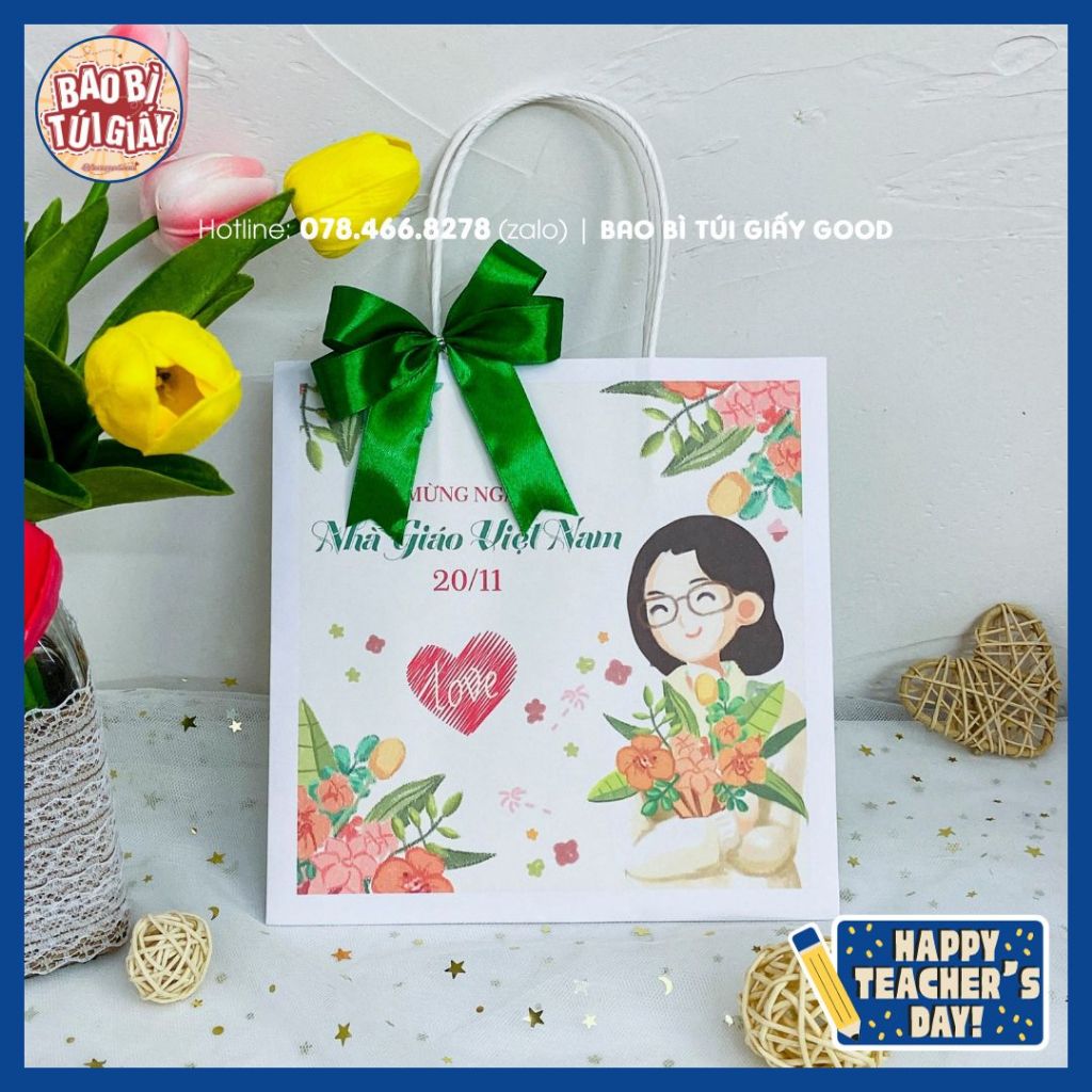 Túi giấy kraft quà tặng 20/11 cho thầy giáo, cô giáo họa tiết dễ thương, chưa bao gồm nơ
