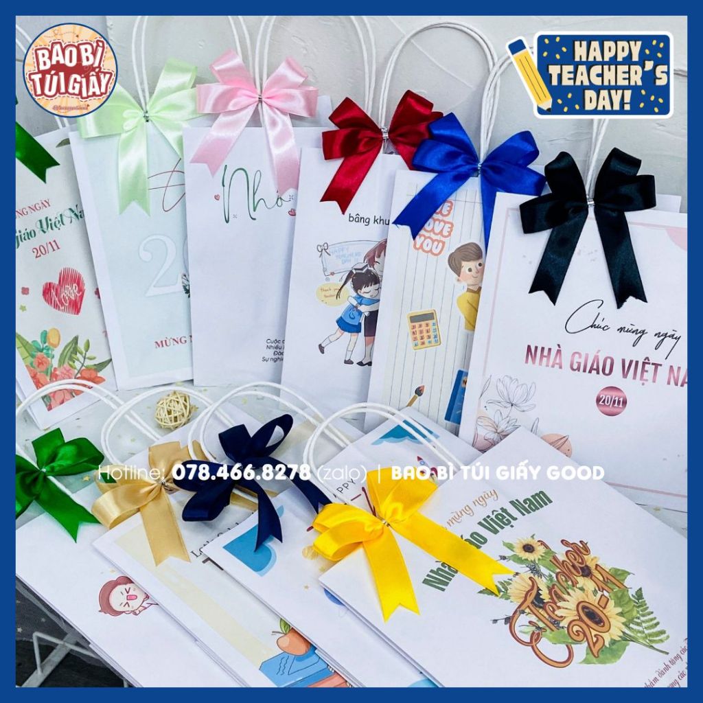 Túi giấy kraft quà tặng 20/11 cho thầy giáo, cô giáo họa tiết dễ thương, chưa bao gồm nơ