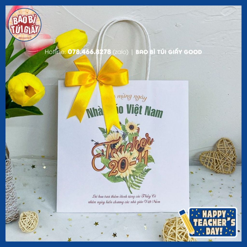 Túi giấy kraft quà tặng 20/11 cho thầy giáo, cô giáo họa tiết dễ thương, chưa bao gồm nơ