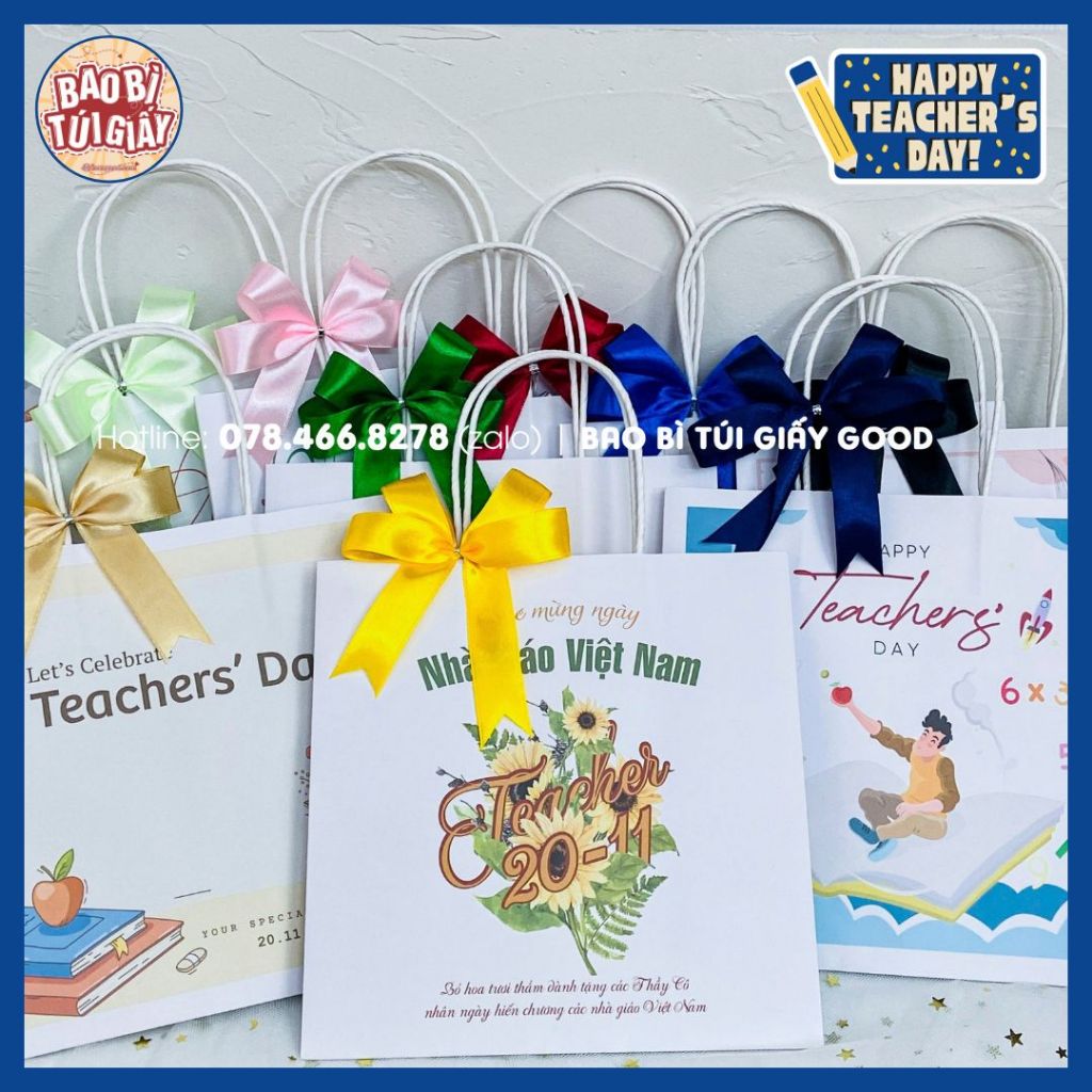 Túi giấy kraft quà tặng 20/11 cho thầy giáo, cô giáo họa tiết dễ thương, chưa bao gồm nơ