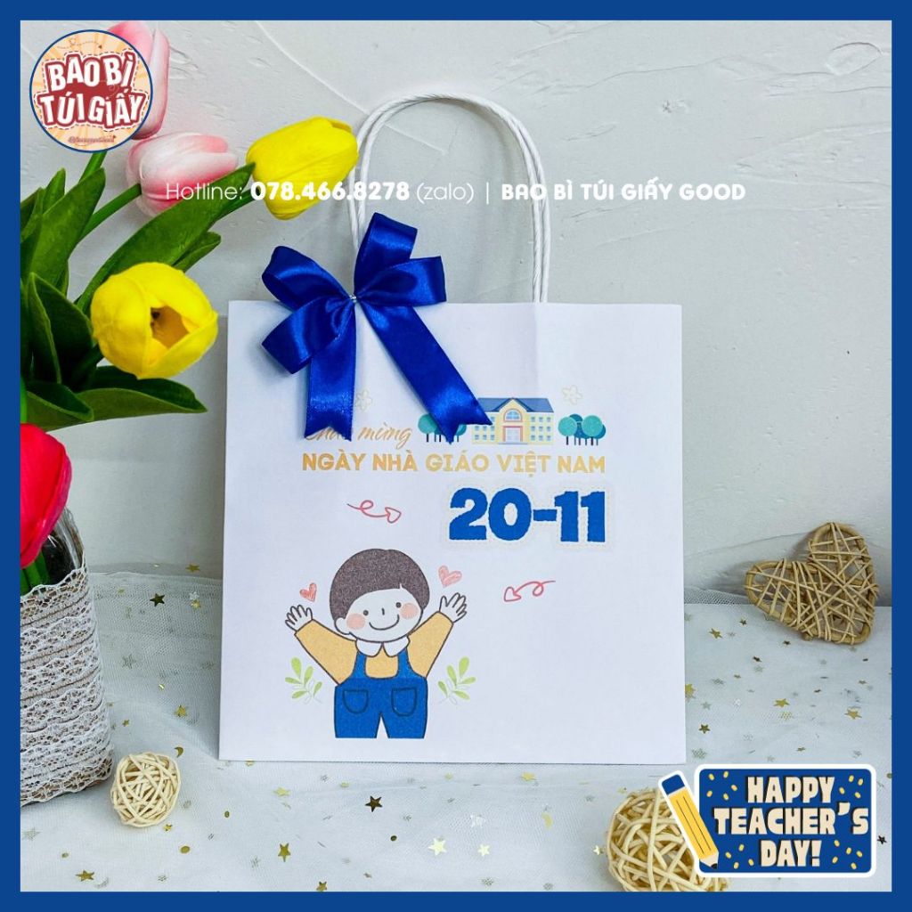 Túi giấy kraft quà tặng 20/11 cho thầy giáo, cô giáo họa tiết dễ thương, chưa bao gồm nơ