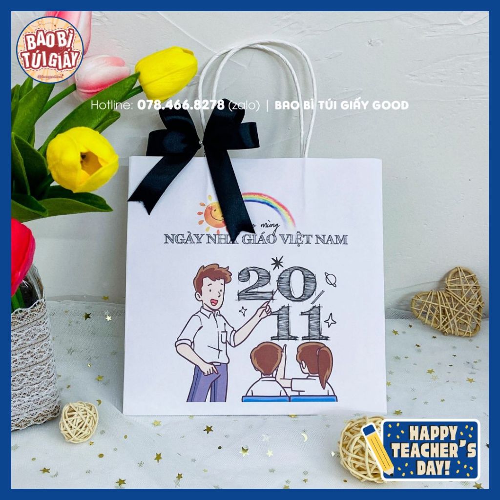 Túi giấy kraft quà tặng 20/11 cho thầy giáo, cô giáo họa tiết dễ thương, chưa bao gồm nơ