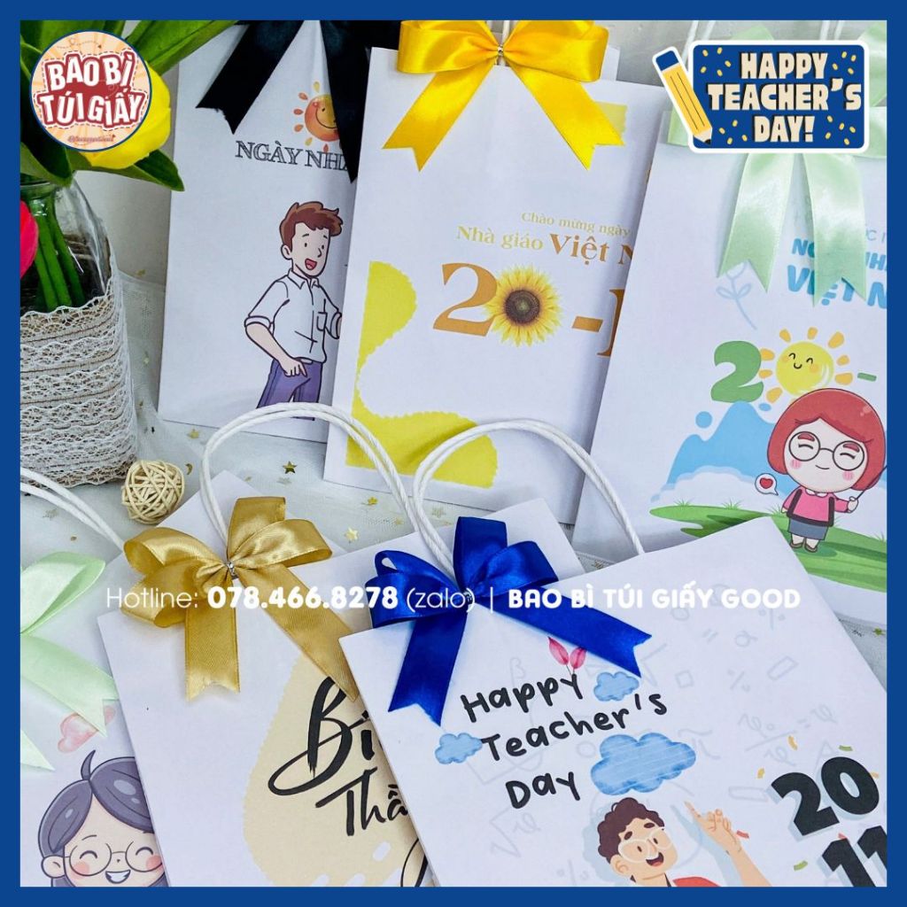 Túi giấy kraft quà tặng 20/11 cho thầy giáo, cô giáo họa tiết dễ thương, chưa bao gồm nơ