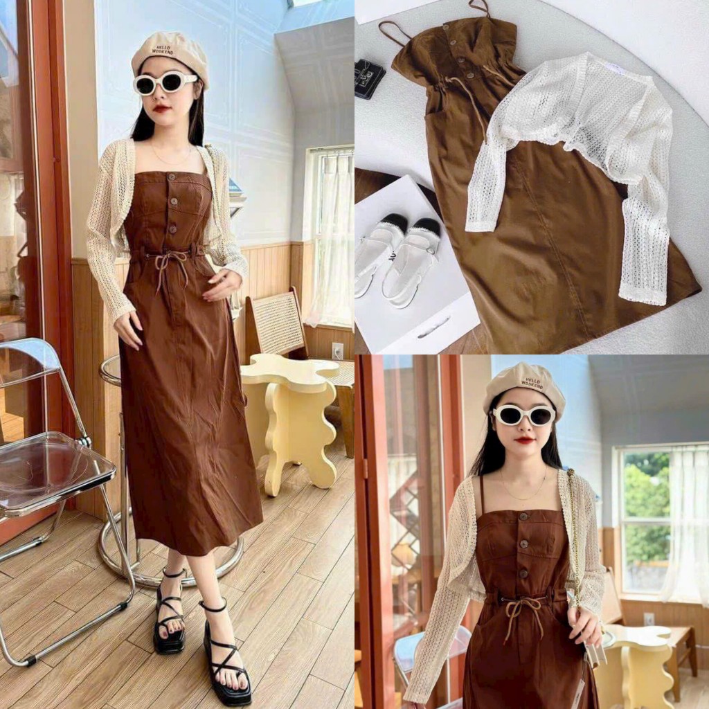 Set Váy Nữ, Đầm Midi Nâu 2 Dây Cài Nút Rút Dây Eo Kèm Áo Khoác Croptop Trắng Luới Đơn Giản Xinh Xỉu