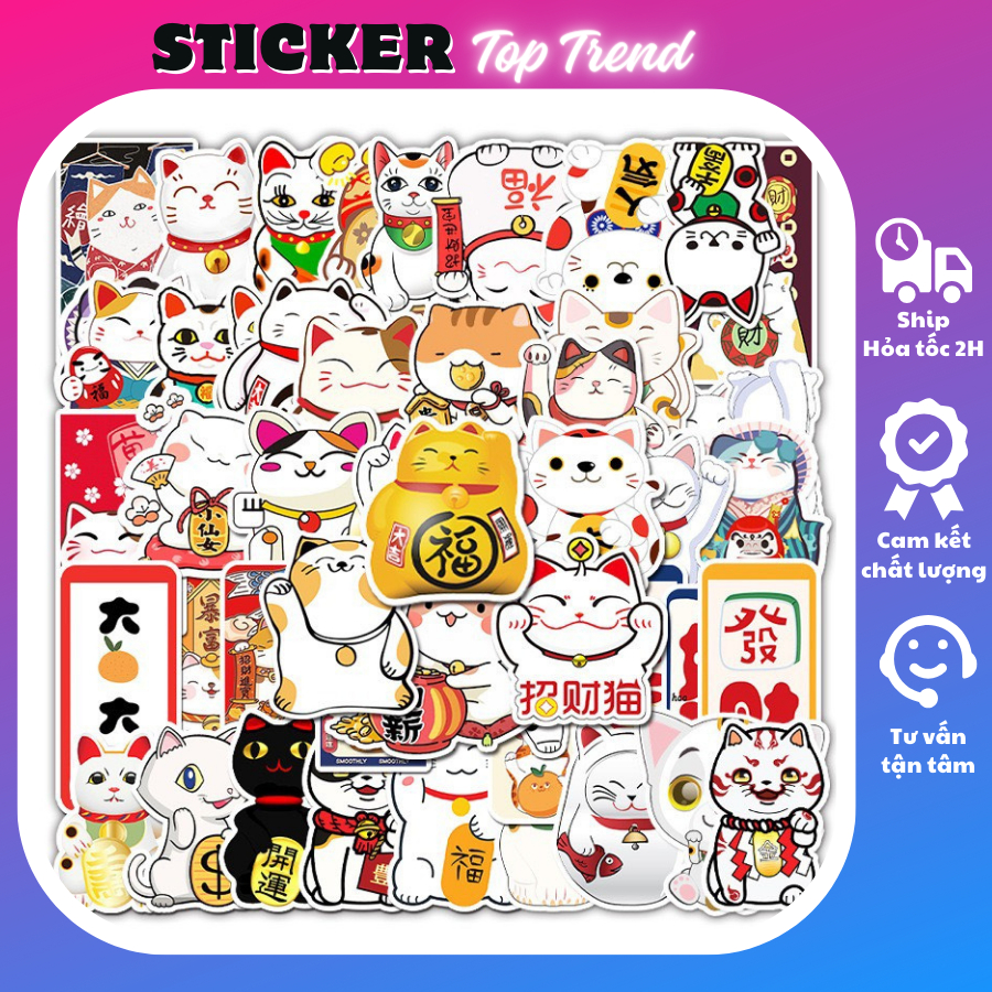 Sticker cute SET 50 TẤM MÈO THẦN TÀI, dán mũ bảo hiểm, trang trí sổ, dán xe, laptop giá rẻ, chống thấm nước - TOP TREND