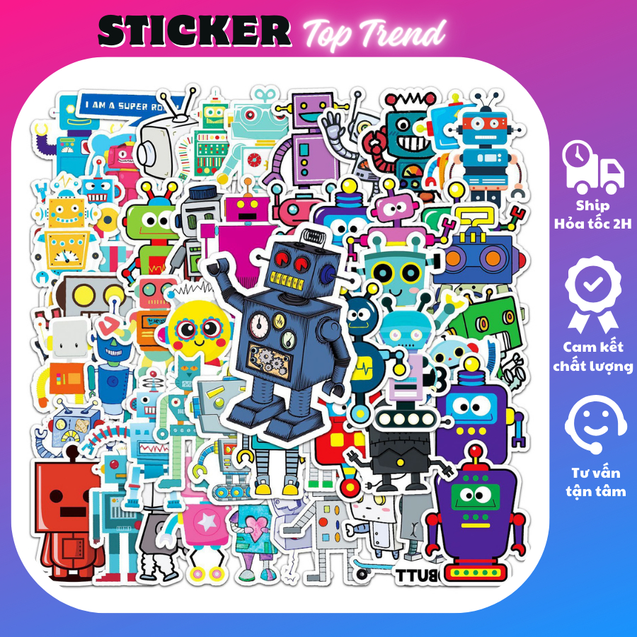 Sticker cute SET 62 TẤM robot người máy, hình dán mũ bảo hiểm, trang trí sổ, dán xe, laptop giá rẻ, chống thấm nước