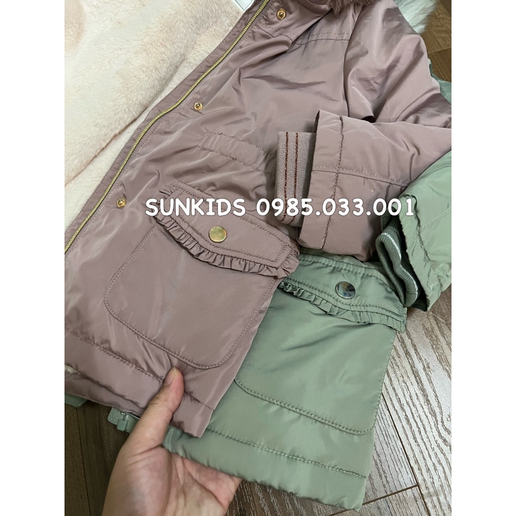 Áo parka bé gái túi bèo mũ lông 2 màu