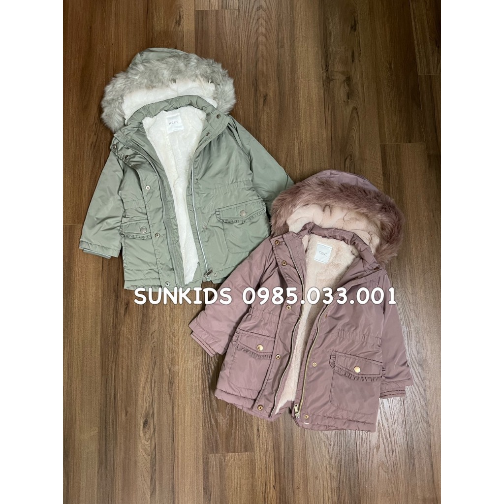 Áo parka bé gái túi bèo mũ lông 2 màu