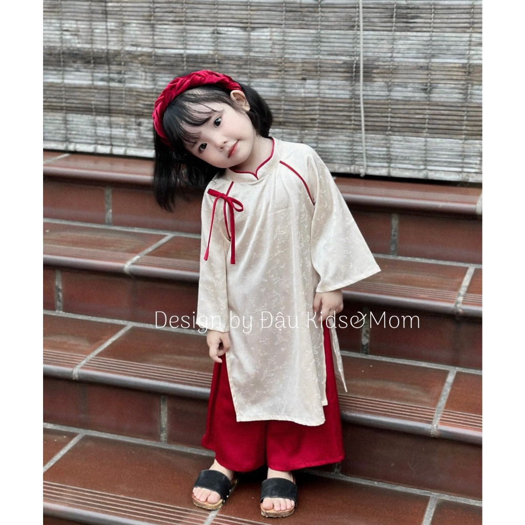Áo dài Tết bé gái - chất liệu lụa tơ tằm kèm bờm 1-6T - Đậu Kids&Mom