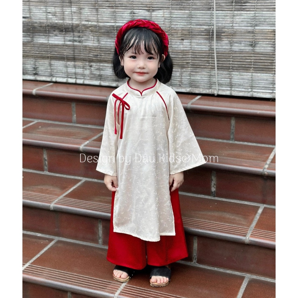 Áo dài Tết bé gái - chất liệu lụa tơ tằm kèm bờm 1-6T - Đậu Kids&Mom