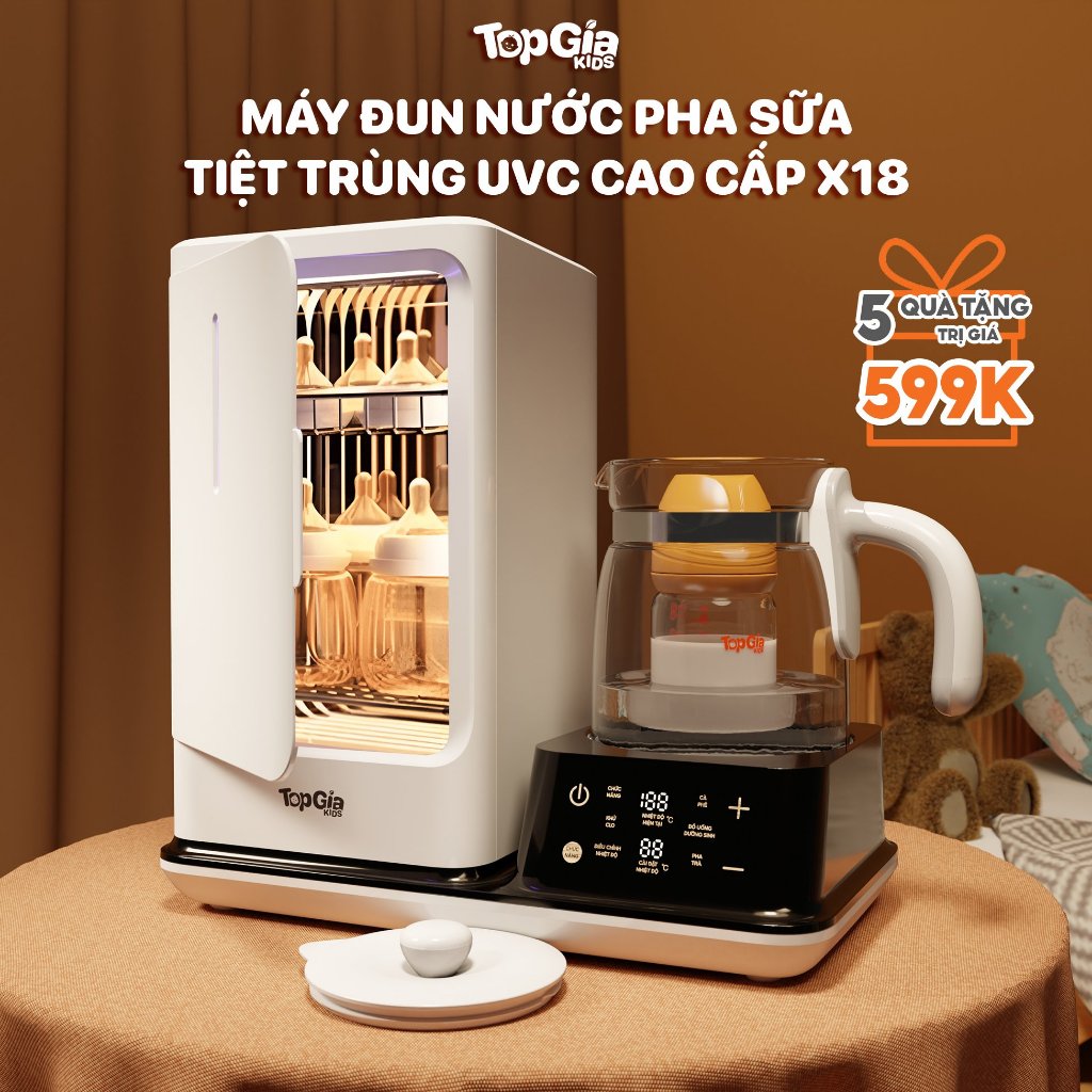 Máy đun nước hâm sữa tiệt trùng sấy khô UVC đa năng TopGiaKids, máy cao cấp tự điều chỉnh thông minh bảo hành 3 năm