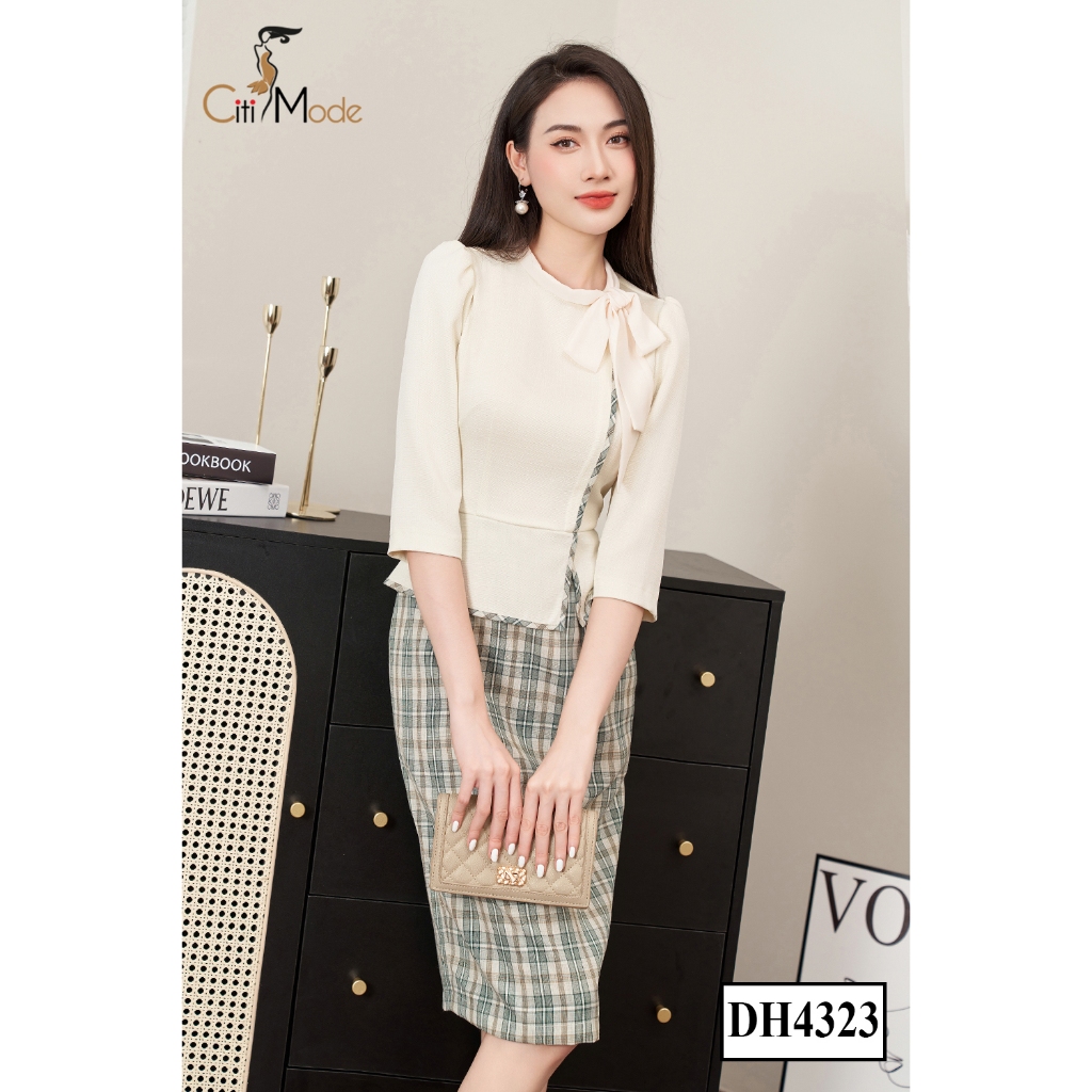 Đầm công sở CITI MODE FASHION thiết kế dáng ôm dạ tweed trắng phối chân váy kẻ DH4323