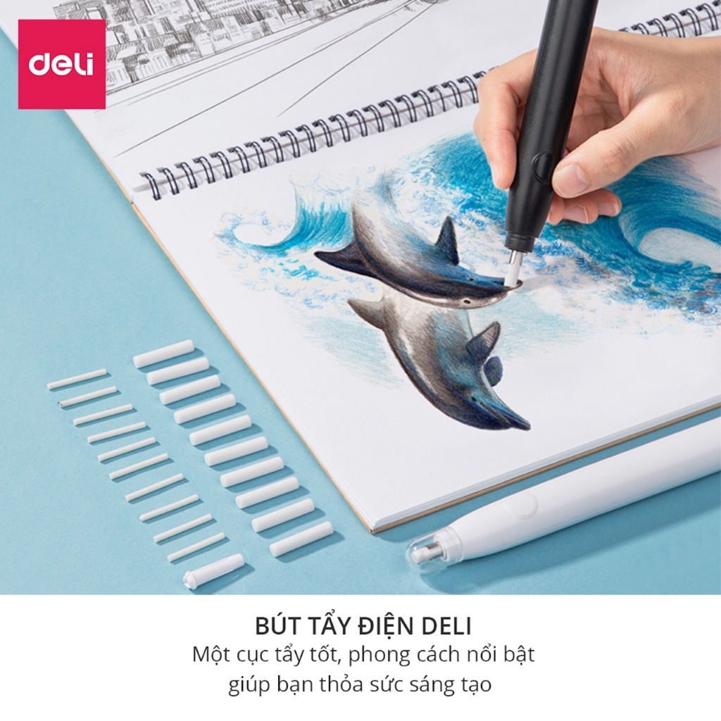 Bút tẩy điện Deli - Đánh bóng tranh vẽ, gôm xóa bút chì, tẩy góc cạnh, cho trẻ tập vẽ, 2 kích thước, gồm 20 lõi thay thế