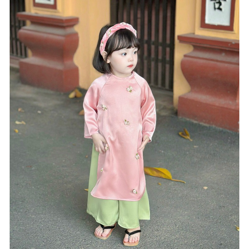 Sét áo dài gắn hoa thủ công cho bé 8-26kg
