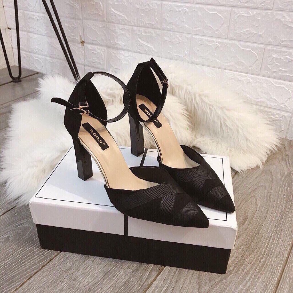 Giày cao gót nữ giày cao gót công sở vải xước mũi nhọn phối dây santin gót vuông gót nhọn 6 phân 8 phân 10 phân