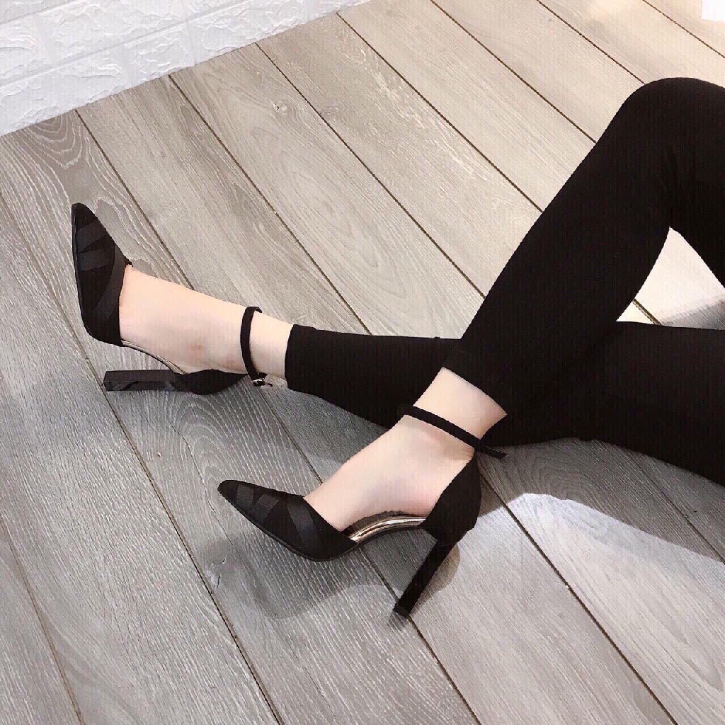 Giày cao gót nữ giày cao gót công sở vải xước mũi nhọn phối dây santin gót vuông gót nhọn 6 phân 8 phân 10 phân