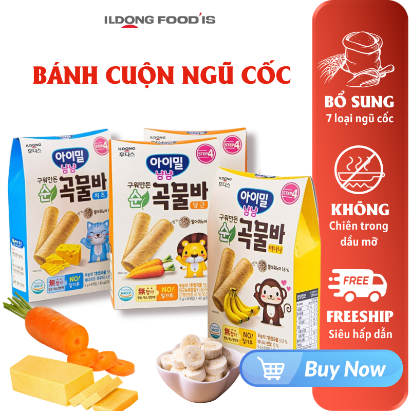 Bánh Cuộn Ngũ Cốc Ăn Dặm Ildong Hàn Quốc Hữu Cơ 3 Vị Dành Cho Bé Từ 10 Tháng Tuổi Bánh Ăn Dặm Cho Bé Hộp 40g x 8 Thanh