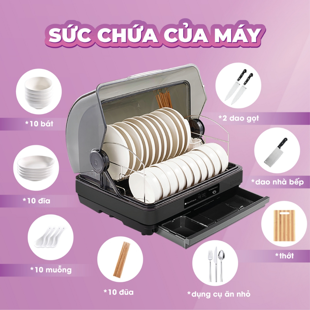 Máy sấy và tiệt trùng chén bát Gemhaus dung tích 42-52L, Máy tiệt trùng bình sữa cho bé