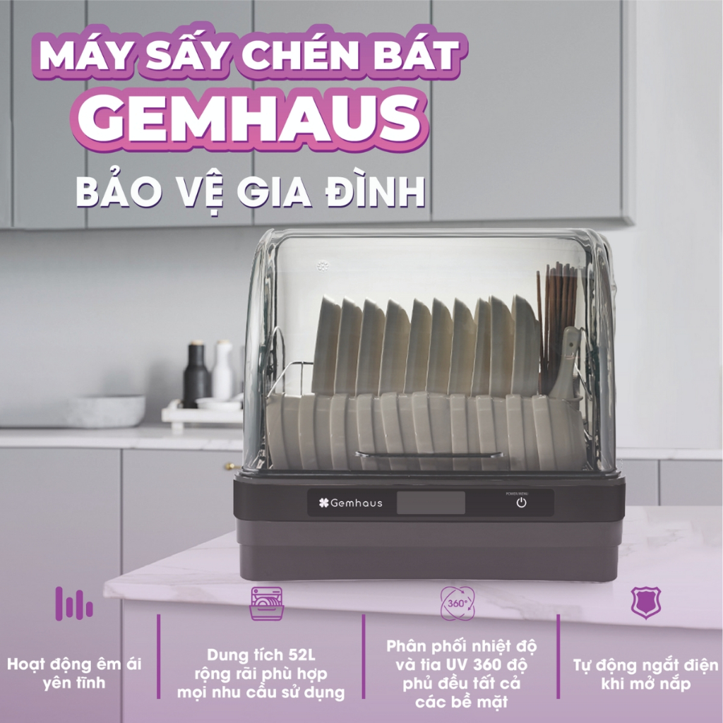 Máy sấy và tiệt trùng chén bát Gemhaus dung tích 42-52L, Máy tiệt trùng bình sữa cho bé