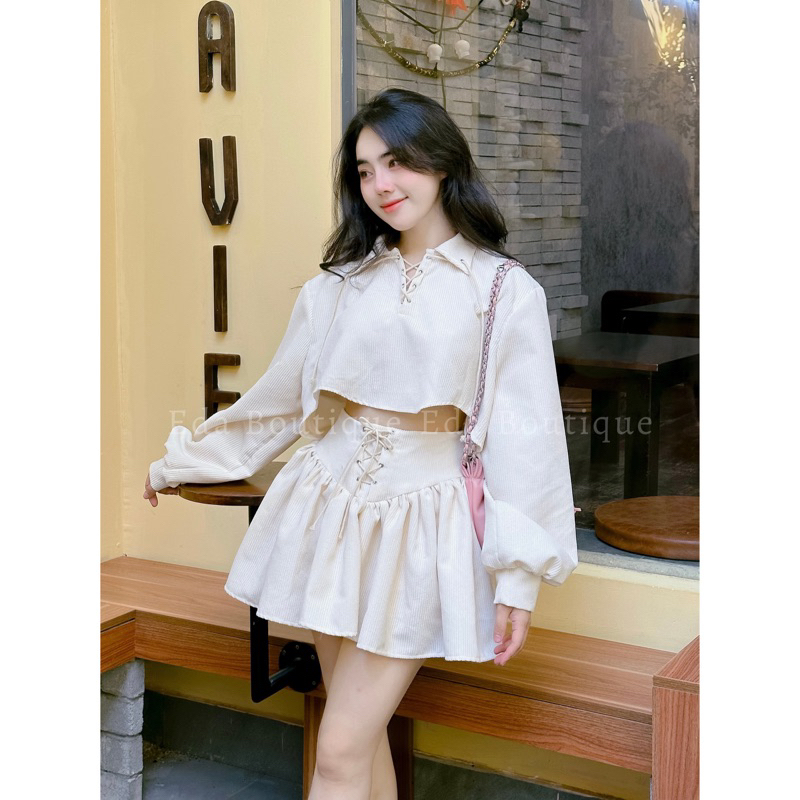 Set nữ Áo Croptop EDA tay dài nhung tăm cổ sơ mi kiểu thu đông kèm chân váy thiết kế cao cấp dáng xoè thắt dây