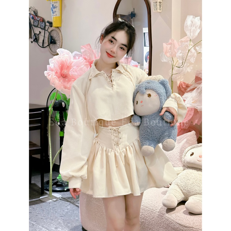 Set nữ Áo Croptop EDA tay dài nhung tăm cổ sơ mi kiểu thu đông kèm chân váy thiết kế cao cấp dáng xoè thắt dây
