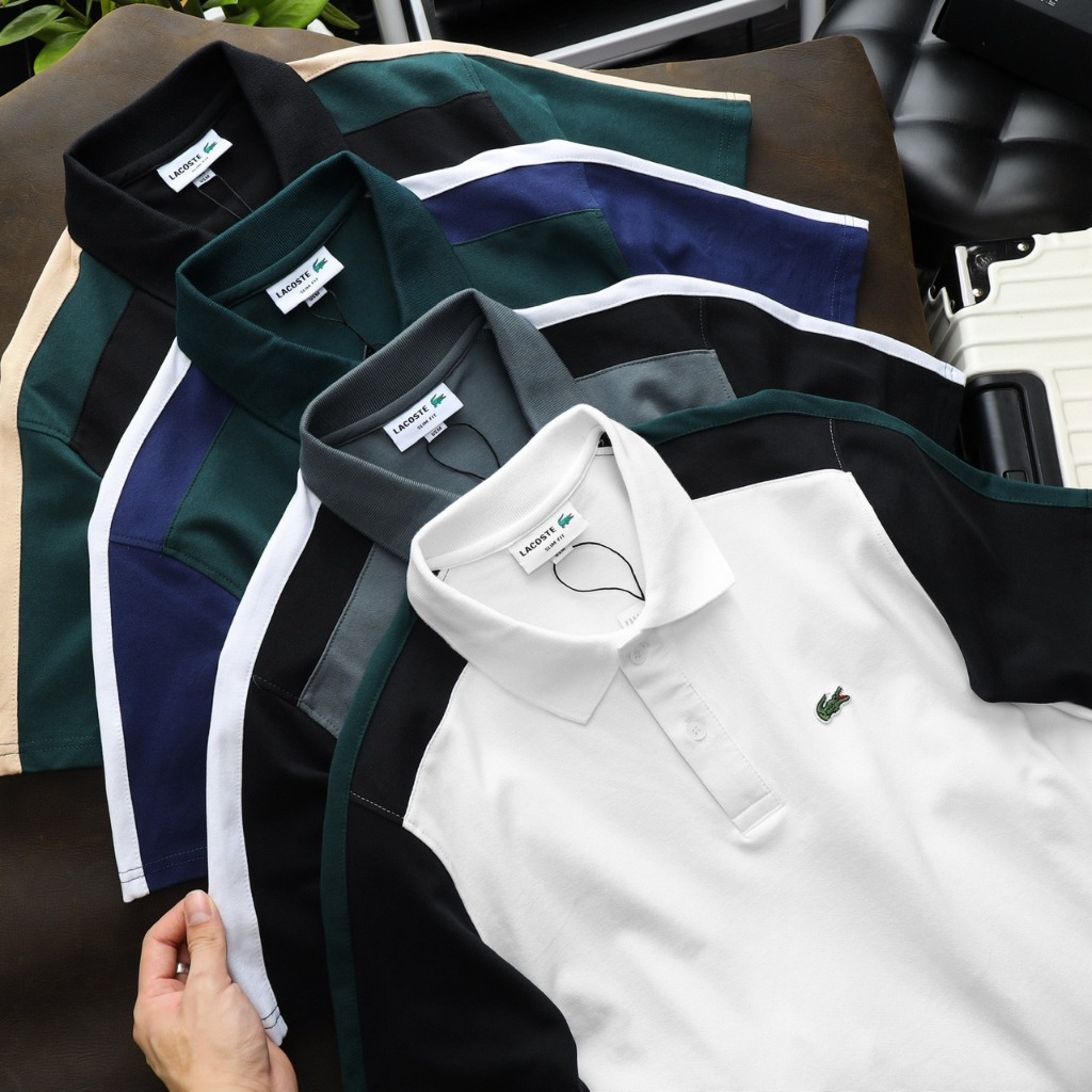 Áo thun Polo lacos.te vải cá sấu cotton co dãn và thấm hút tốt viền 2 màu từ cổ xuống tay áo
