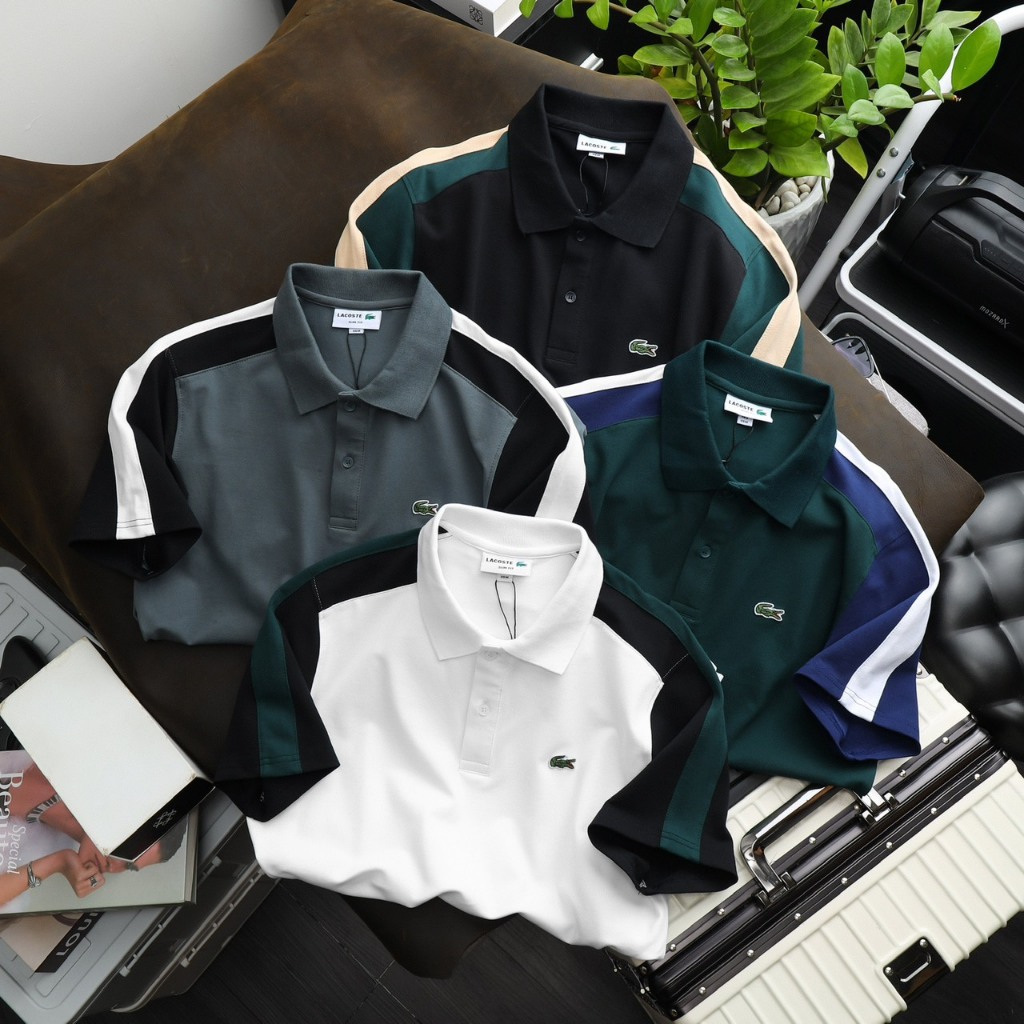 Áo thun Polo lacos.te vải cá sấu cotton co dãn và thấm hút tốt viền 2 màu từ cổ xuống tay áo