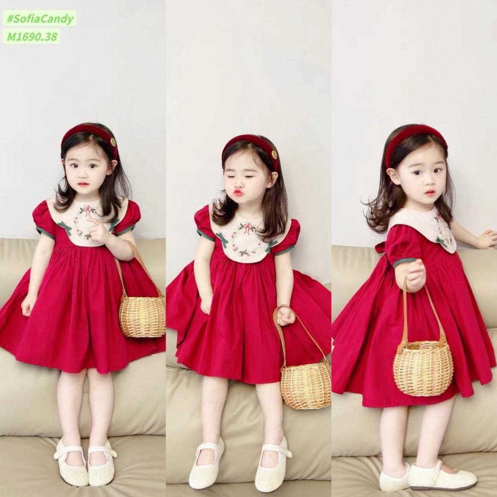 Váy babydoll đính nơ thêu họa tiết noel xinh cho bé gái