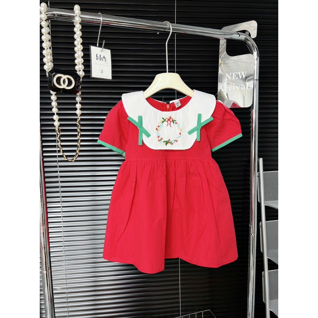 Váy babydoll đính nơ thêu họa tiết noel xinh cho bé gái