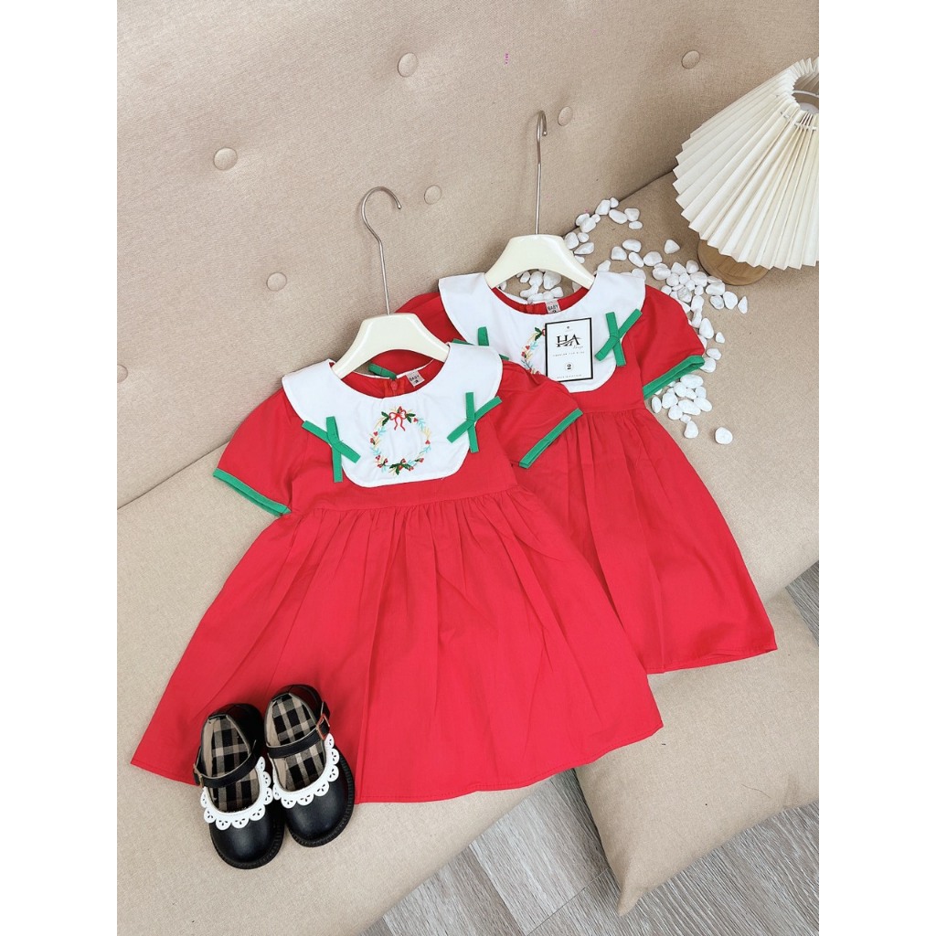 Váy babydoll đính nơ thêu họa tiết noel xinh cho bé gái