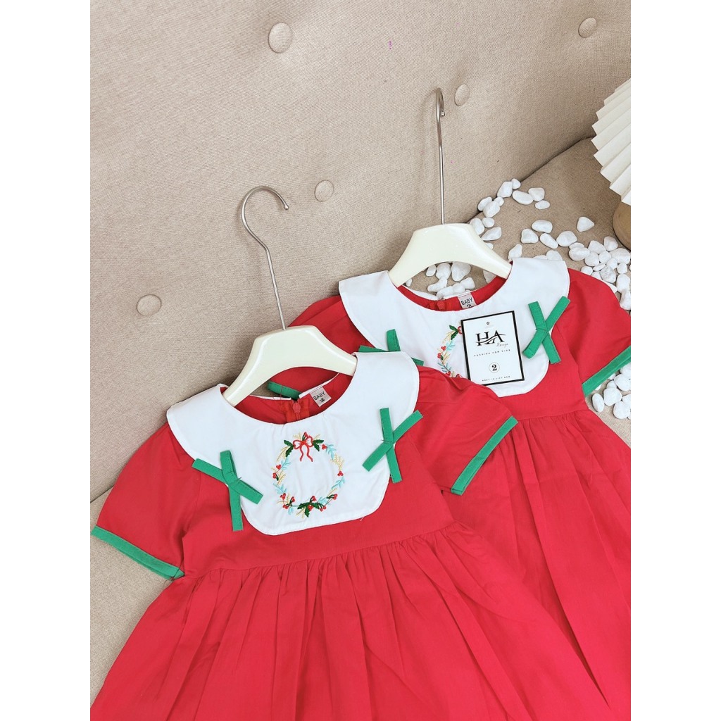 Váy babydoll đính nơ thêu họa tiết noel xinh cho bé gái