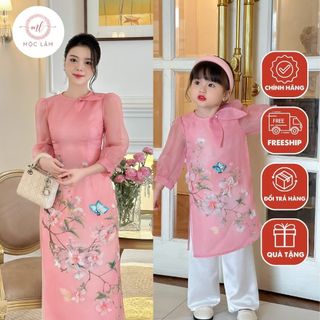Áo dài cách tân mẹ và bé màu hồng xinh họa tiết in phối đính kết đẹp - Shop Áo Dài Mộc Lâm - ADMB11