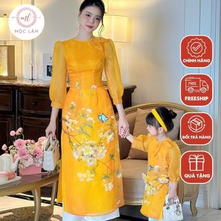 Áo dài cách tân mẹ và bé màu vàng chất liệu tơ organza họa tiết in phối đính kết đẹp - Shop Áo Dài Mộc Lâm ADMB8