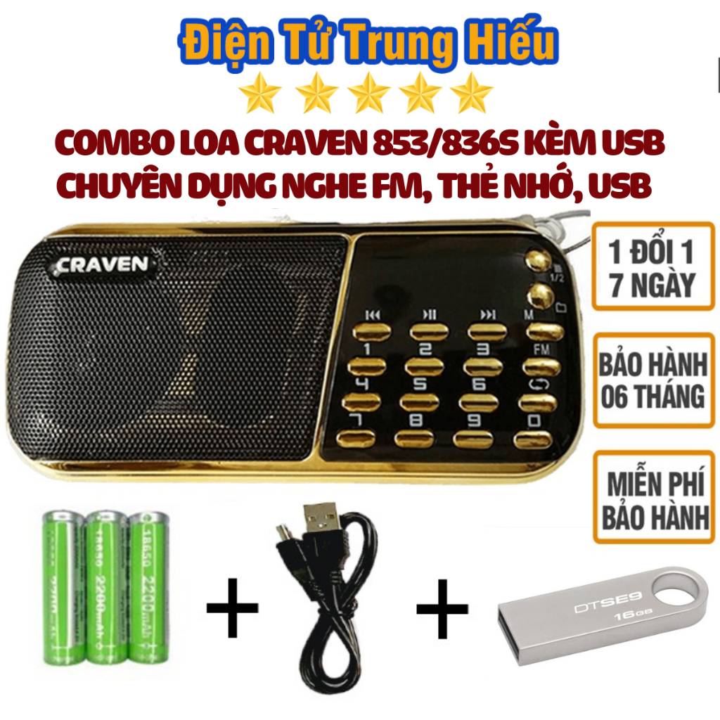 Loa Đài Craven nghe thẻ nhớ, USB, FM, combo bán kèm usb, Máy nghe nhạc mini Caraven CR 853/836s