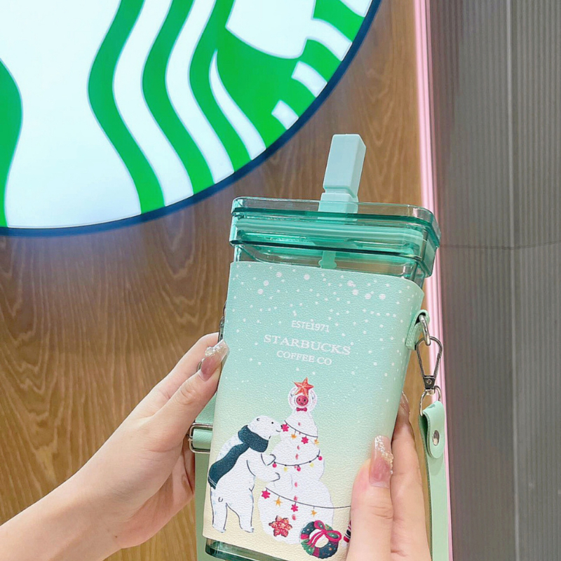 Bình giữ nhiệt Stabucks chất liệu nhựa cao cấp dung tích 591ml, ly giữ nhiệt kèm vỏ da và quai đeo Lebenang