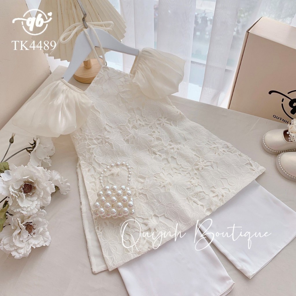 Áo Dài Bé Gái Áo Dài Be Cổ Yếm Ren Quỳnh Boutique