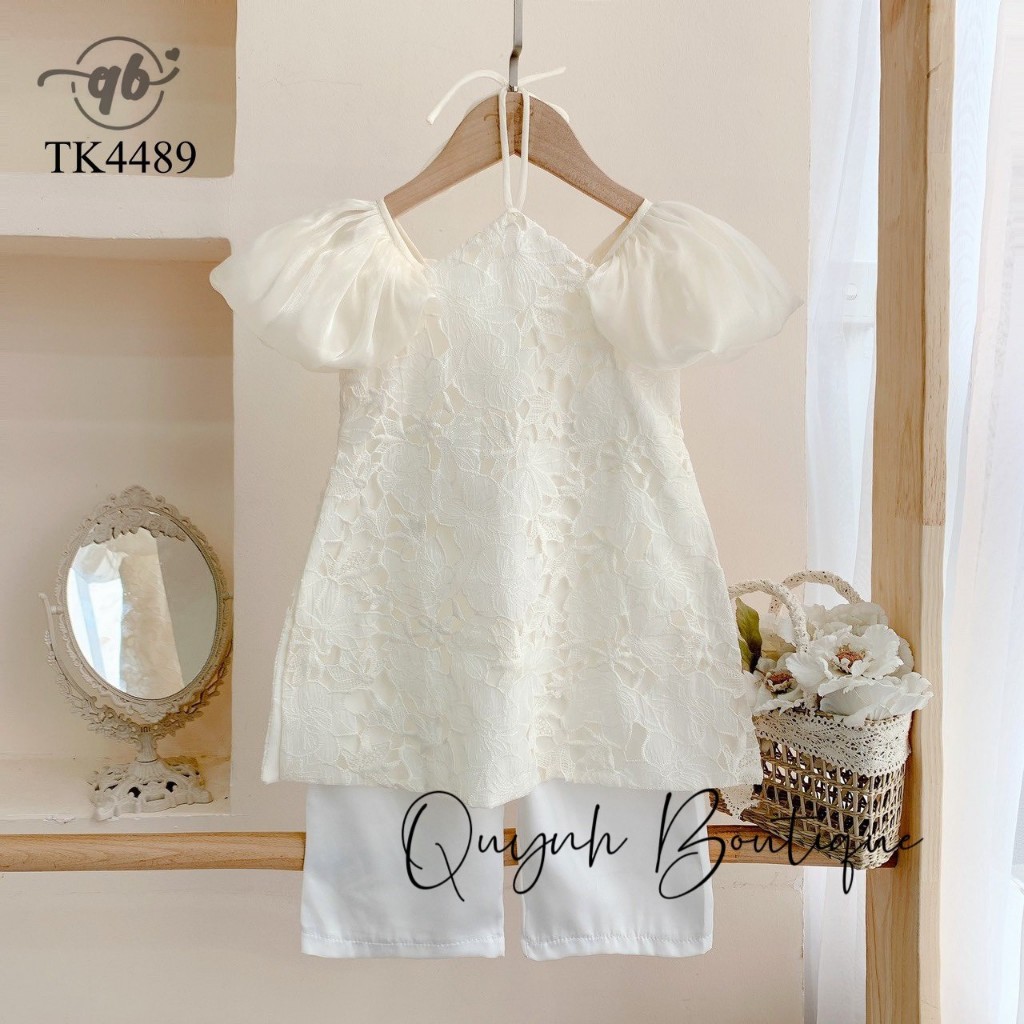 Áo Dài Bé Gái Áo Dài Be Cổ Yếm Ren Quỳnh Boutique