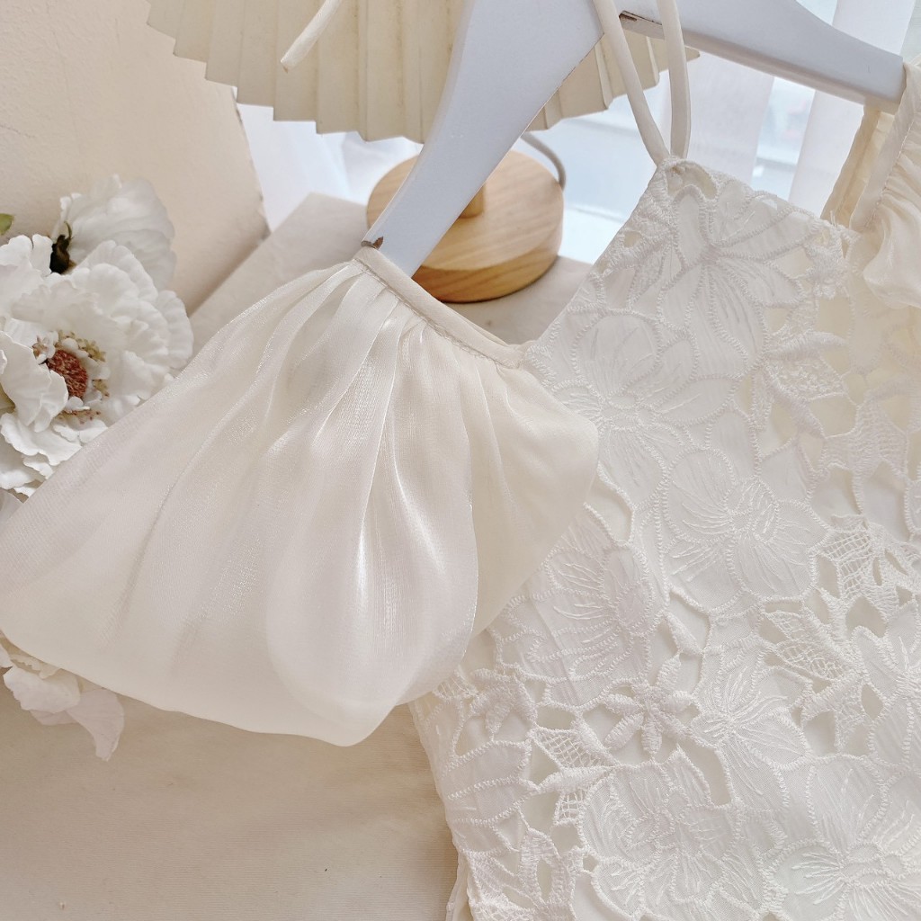 Áo Dài Bé Gái Áo Dài Be Cổ Yếm Ren Quỳnh Boutique