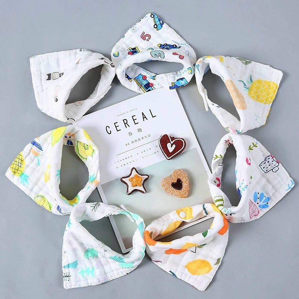 Set 5 khăn yếm tam giác organic cotton 6 lớp 2 cúc bấm hàng Kiluta xịn đẹp Medokids