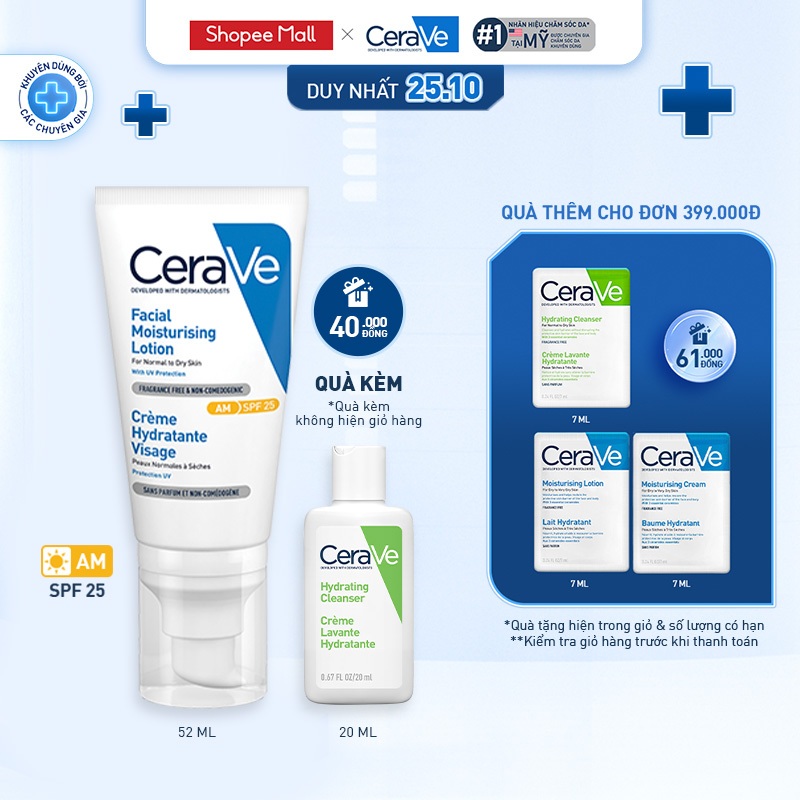 Bộ sản phẩm CeraVe kem dưỡng ban ngày 52ml& sữa rửa mặt sạch sâu cho và da khô 20ml