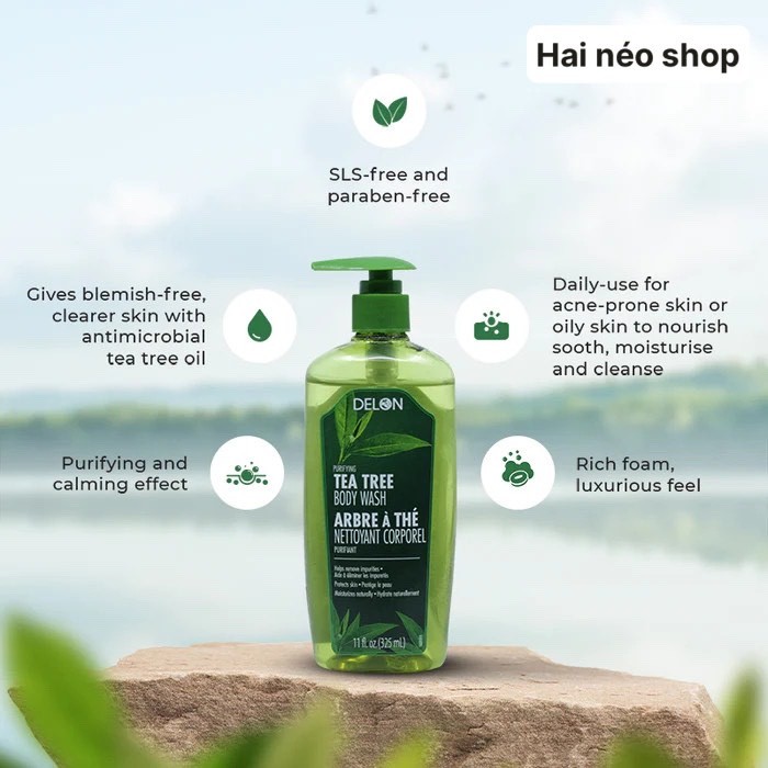 Sữa tắm Tràm trà tr! mụn nhọt, v!êm da DELON Tea Tree Body Wash 325ml