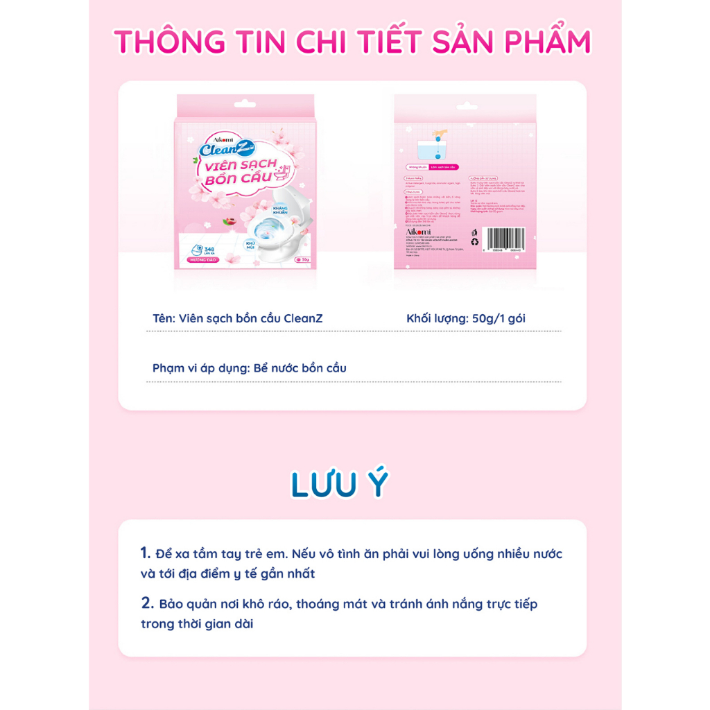 Viên thả bồn cầu 3 in 1 vệ sinh, diệt khuẩn, làm thơm bồn cầu toilet CleanZ Aikomi (Hương Đào)