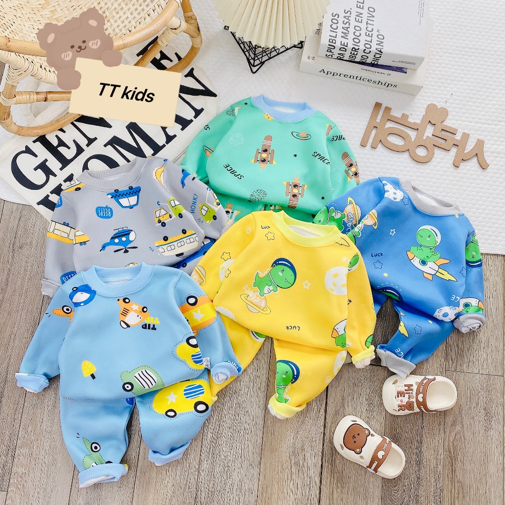 Bộ nỉ bông dày dặn họa tiết thời trang cho bé trai,bé gái phiên bản mùa đông từ 6 đến 15kg