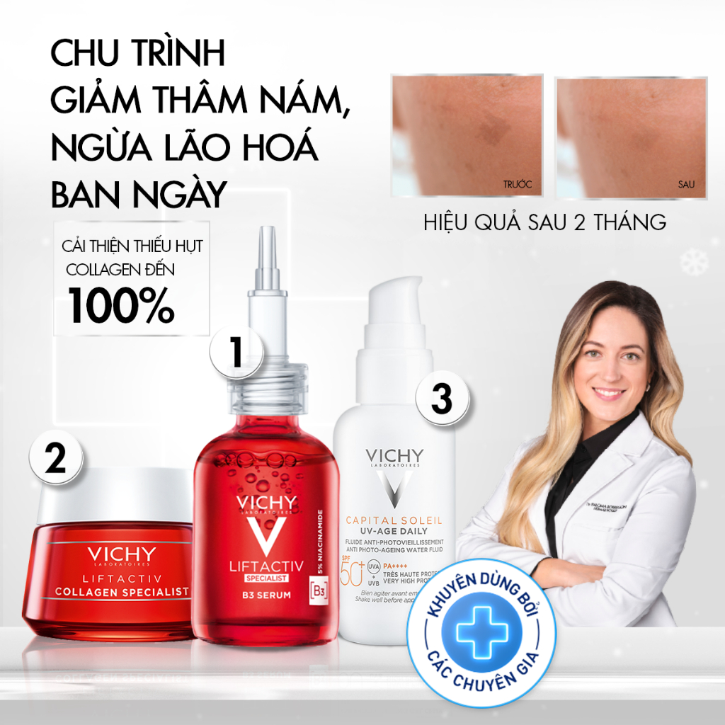 Bộ sản phẩm phục hồi da và cải thiện, ngăn ngừa thâm nám đốm nâu Vichy Liftactiv B3 Dark Spots Serum