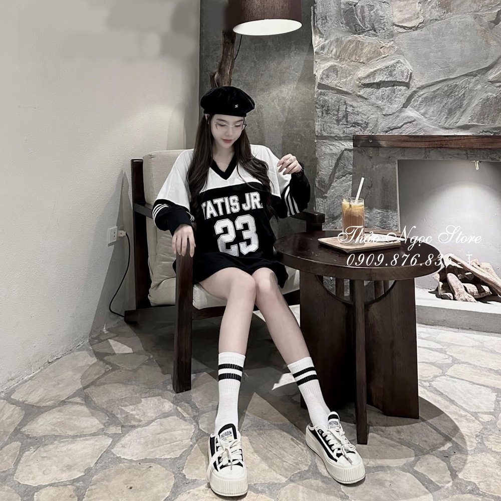 Áo thun nữ form rộng cổ tim số 23, áo thun phối màu form giấu quần!  THẢO NGỌC STORE