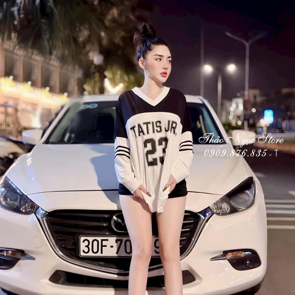 Áo thun nữ form rộng cổ tim số 23, áo thun phối màu form giấu quần!  THẢO NGỌC STORE